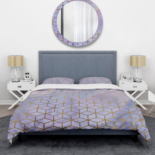 Designart 'Geometric Cubes in Gold and Purple' Modern & Contemporary Bedding Set